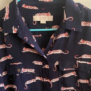 LOFT Dark Blue Blouse with Red Animal Print